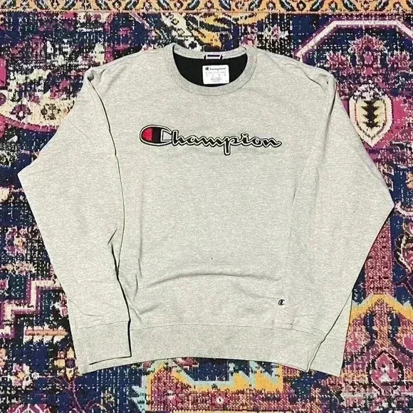 Champion Mens XL Grey PowerBlend Fleece Pullover Crew Script‎ Logo Sweater - Picture 1 of 1